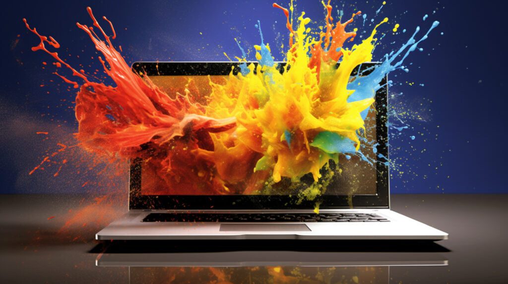 Portátil con diseño creativo de salpicaduras de pintura en alta resolución, mostrando una explosión de colores vibrantes como rojo, amarillo, azul y verde en un fondo oscuro, perfecto para representar la innovación en diseño gráfico y arte digital.