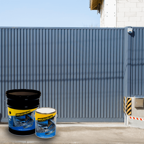 Cubeta de pintura anticorrosiva industrial de Megacolor en color azul, destacando su uso para protección de superficies metálicas.