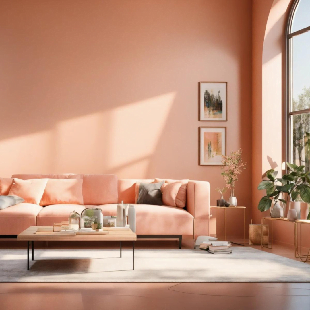Una sala de estar elegante y luminosa pintada en un cálido tono rosa salmón. La habitación cuenta con un sofá de tela rosa claro, una mesa de centro de madera, y varios adornos decorativos en tonos suaves y neutros. Grandes ventanales permiten la entrada de luz natural, creando un ambiente acogedor. En la pared, se exhiben marcos con arte abstracto que complementan la paleta de colores del espacio.